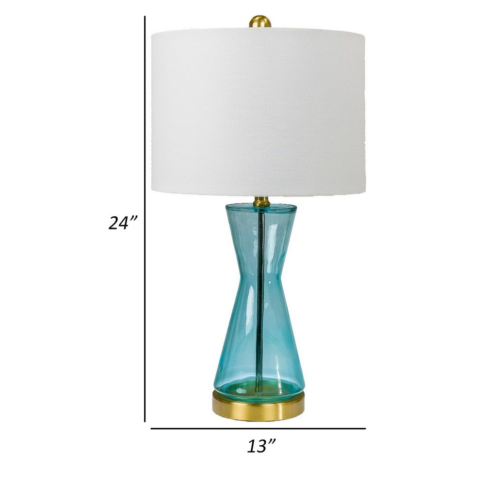 Elma 24 Inch Table Lamp Set of 2, Hourglass Stand, Gold Trim, Glass, Blue By Casagear Home