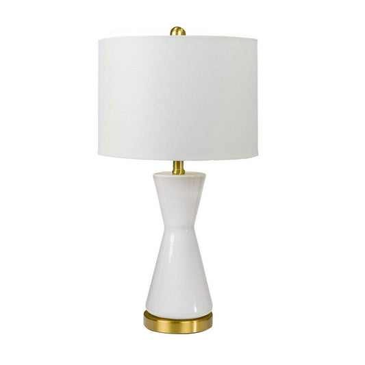 Elma 24 Inch Table Lamp Set of 2, Hourglass Stand, Gold Trim, Glass, White By Casagear Home