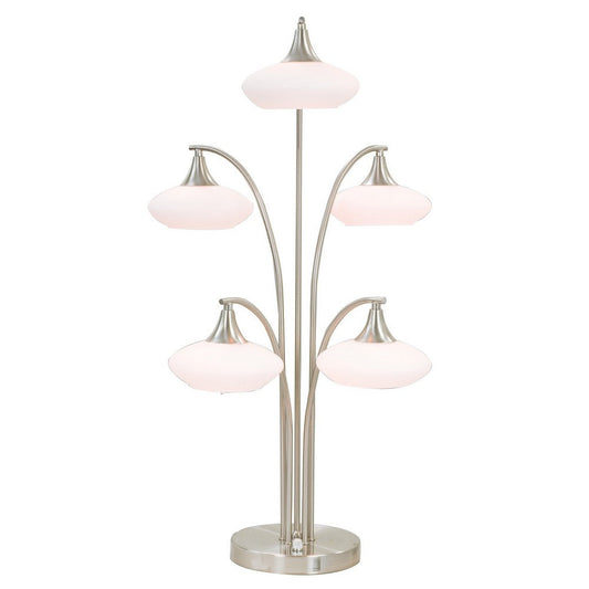 31 Inch Table Lamp, 5 Dome Shape Shades, Glass, Sand Chrome Finished Metal By Casagear Home