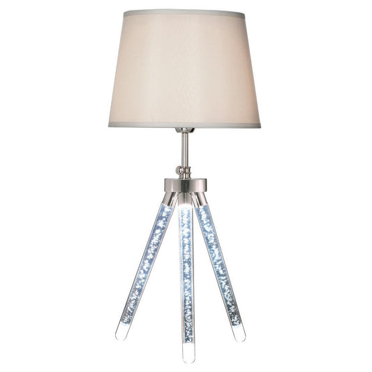 28 Inch Table Lamp, LED Tripod Base, Acrylic and Sand Chrome Finished Metal By Casagear Home