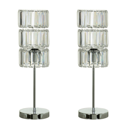 13 Inch Table Lamp Set of 2, Drum Acrylic Shade, Modern Chrome Base By Casagear Home