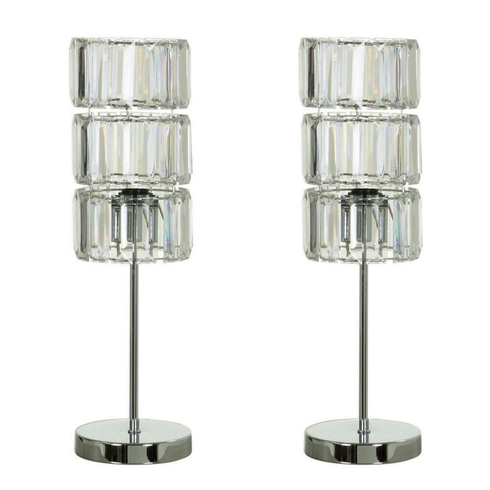 13 Inch Table Lamp Set of 2, Drum Acrylic Shade, Modern Chrome Base By Casagear Home