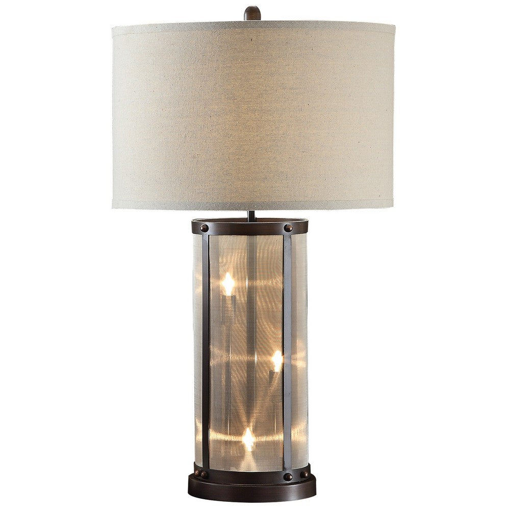 31 Inch Table Lamp, Classic Drum Fabric Shade, Modern Metal Base, Bronze By Casagear Home