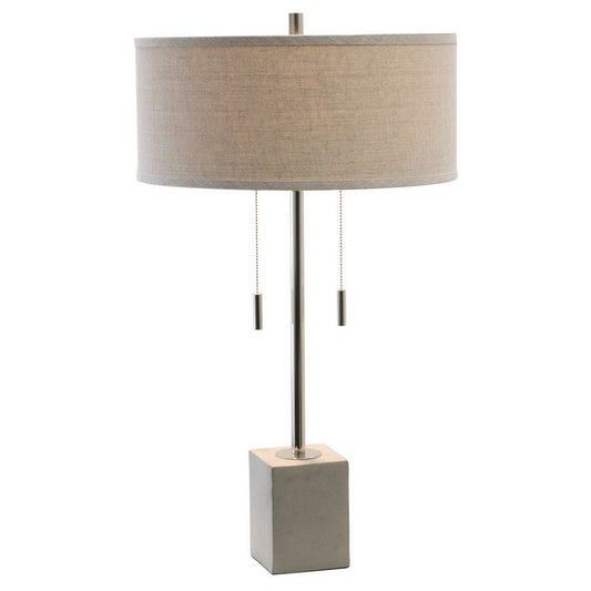 28 Inch Table Lamp, Classic Drum Fabric Shade, Accent Gray Block Base By Casagear Home