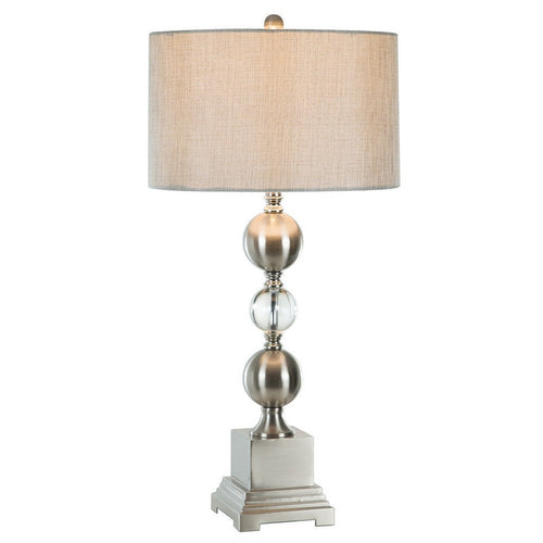 32 Inch Table Lamp Set of 2, Drum Fabric Shade, Nickel Pedestal Base By Casagear Home