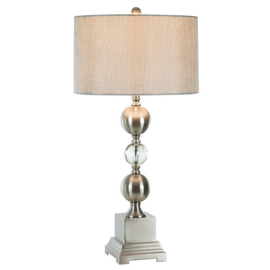 32 Inch Table Lamp Set of 2, Drum Fabric Shade, Nickel Pedestal Base By Casagear Home