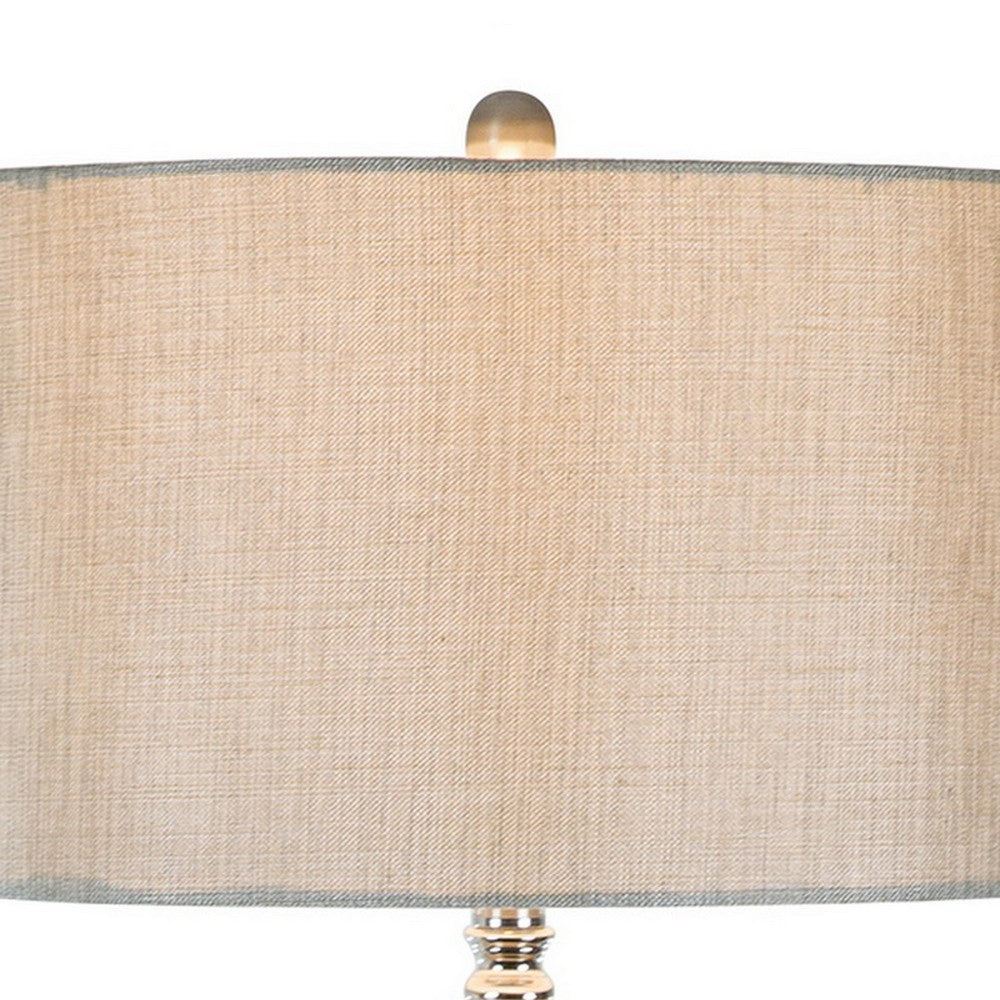 32 Inch Table Lamp Set of 2, Drum Fabric Shade, Nickel Pedestal Base By Casagear Home