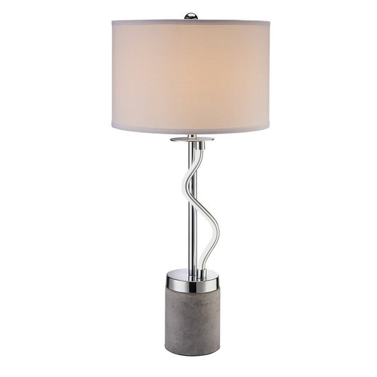 30 Inch Table Lamp, White Drum Fabric Shade, Modern Round Chrome Base By Casagear Home
