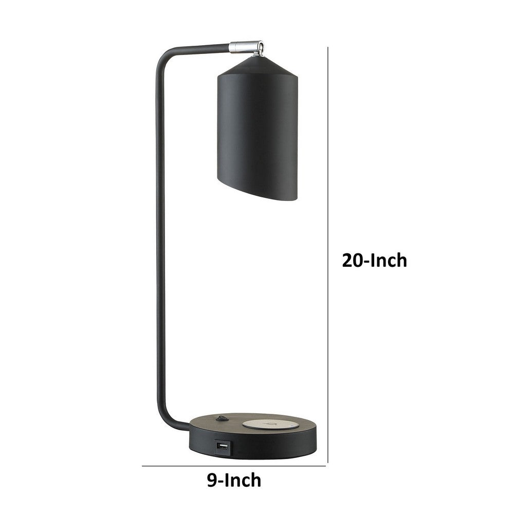 20 Inch Table Lamp, Wireless Charging, Dome Metal Shade, Matte Black By Casagear Home