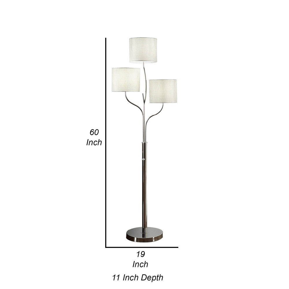 Indi 60 Inch Floor Lamp, 3 Drum Fabric Shade, Round Metal Base, Silver By Casagear Home