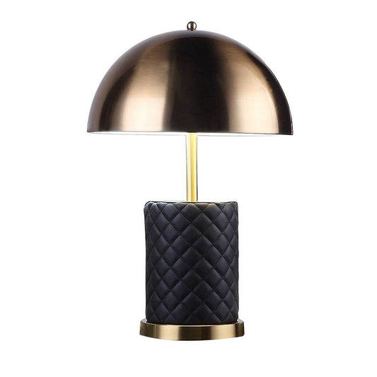 Aria 21 Inch Table Lamp, Dome Shade, Round Base, Black Faux Leather, Brass By Casagear Home