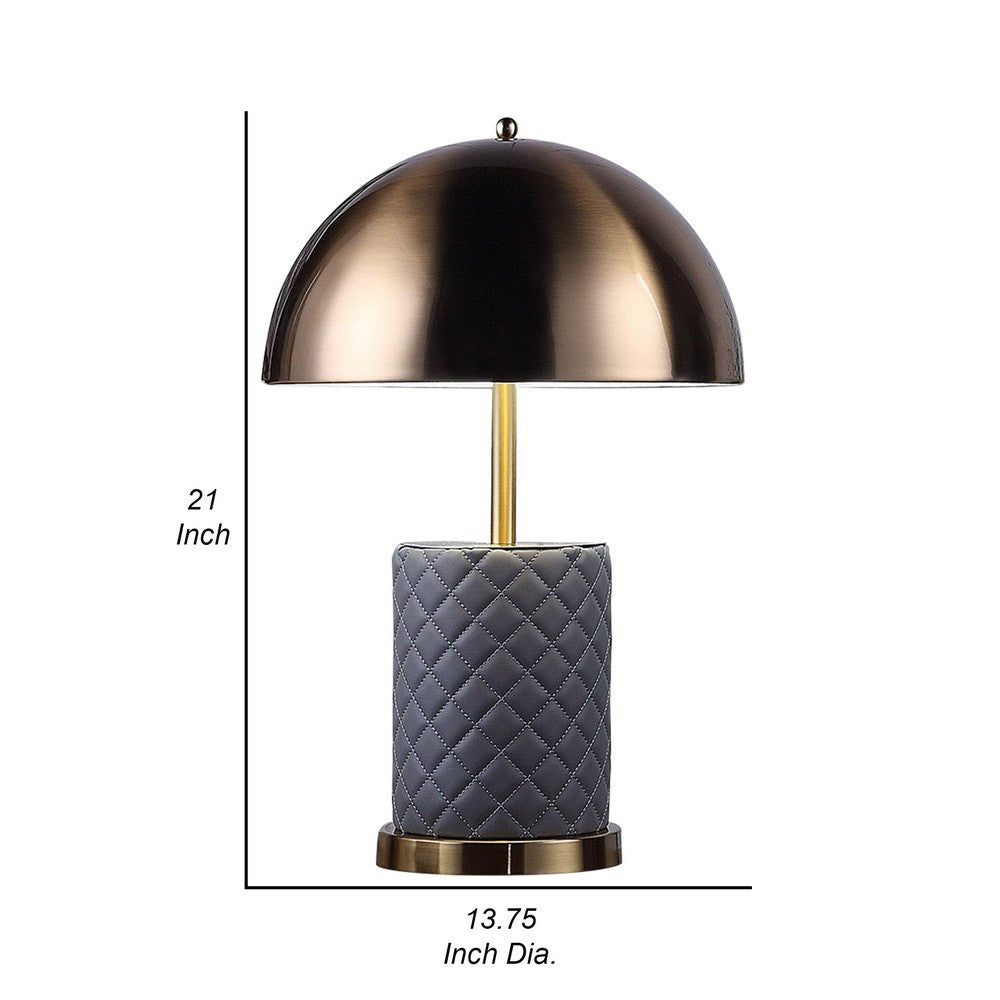 Aria 21 Inch Table Lamp, Dome Shade, Round Base, Gray Faux Leather, Brass By Casagear Home