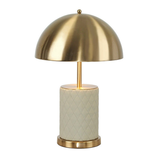 Aria 21 Inch Table Lamp, Dome Shade, Round Base, Beige Faux Leather, Brass By Casagear Home