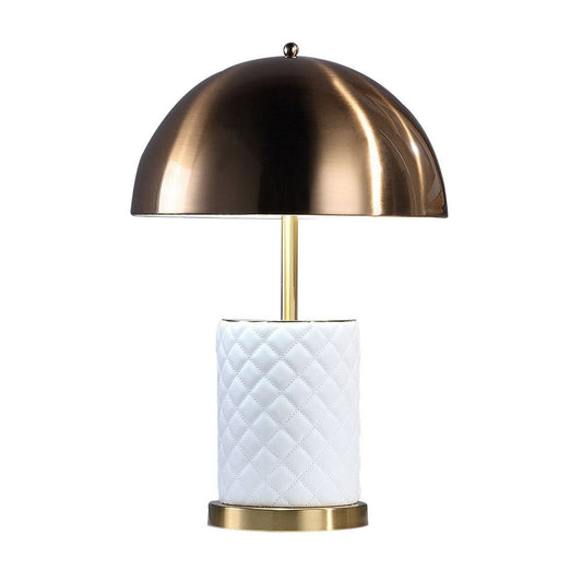 Aria 21 Inch Table Lamp, Dome Shade, Round Base, White Faux Leather, Brass By Casagear Home