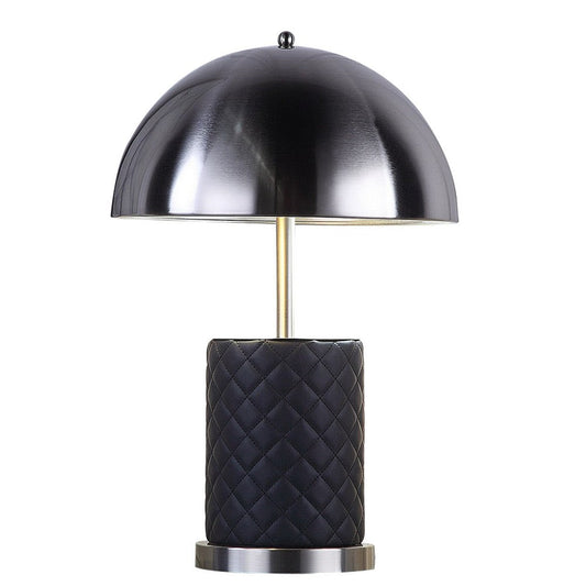Aria 21 Inch Table Lamp, Round, Dome Shade, Dark Silver, Black Faux Leather By Casagear Home