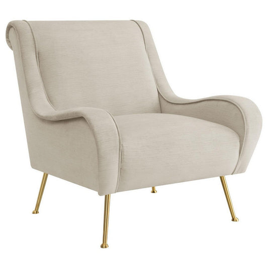 Rik 31 Inch Accent Armchair, Metal Legs, Velvet, Stone Beige and Gold By Casagear Home