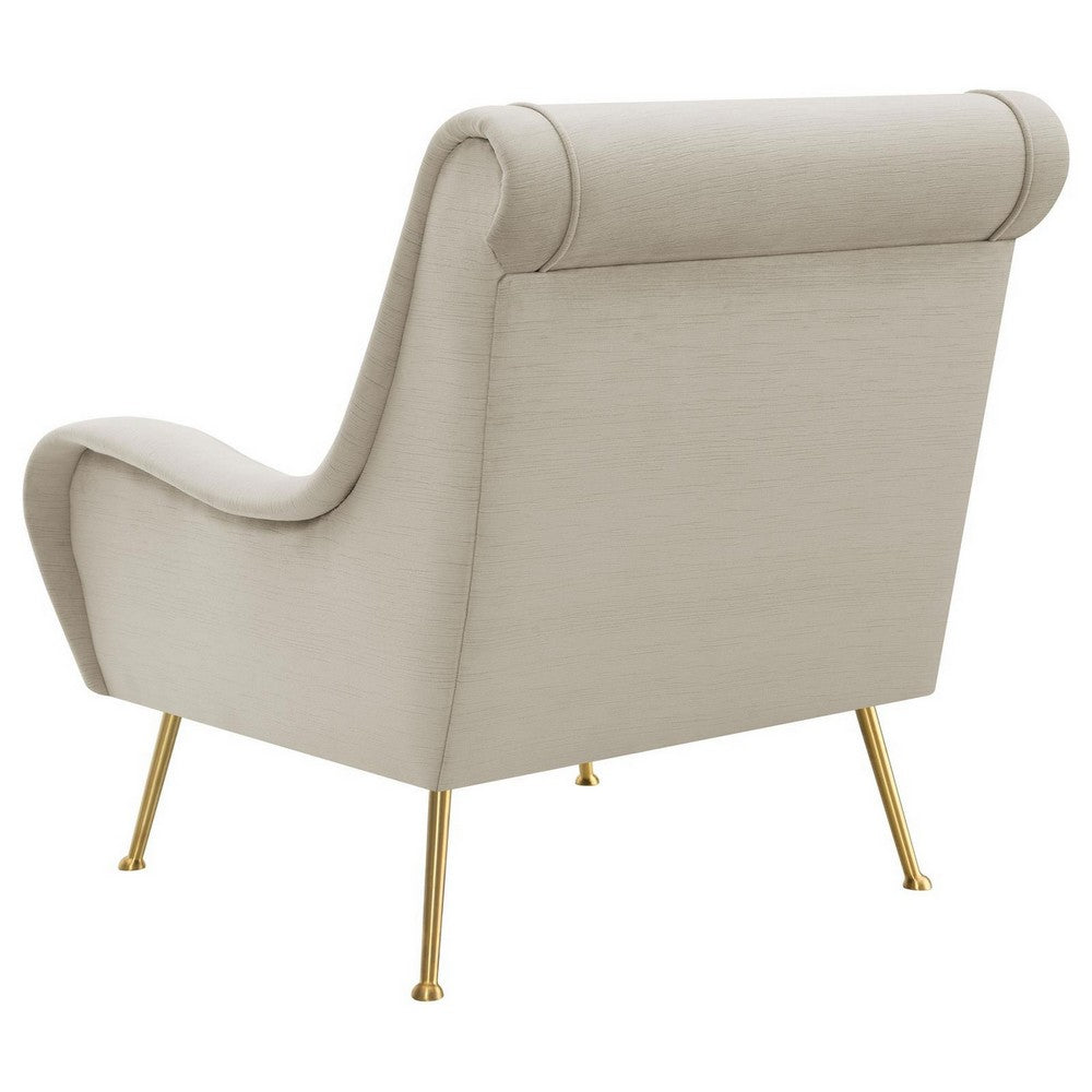 Rik 31 Inch Accent Armchair, Metal Legs, Velvet, Stone Beige and Gold By Casagear Home