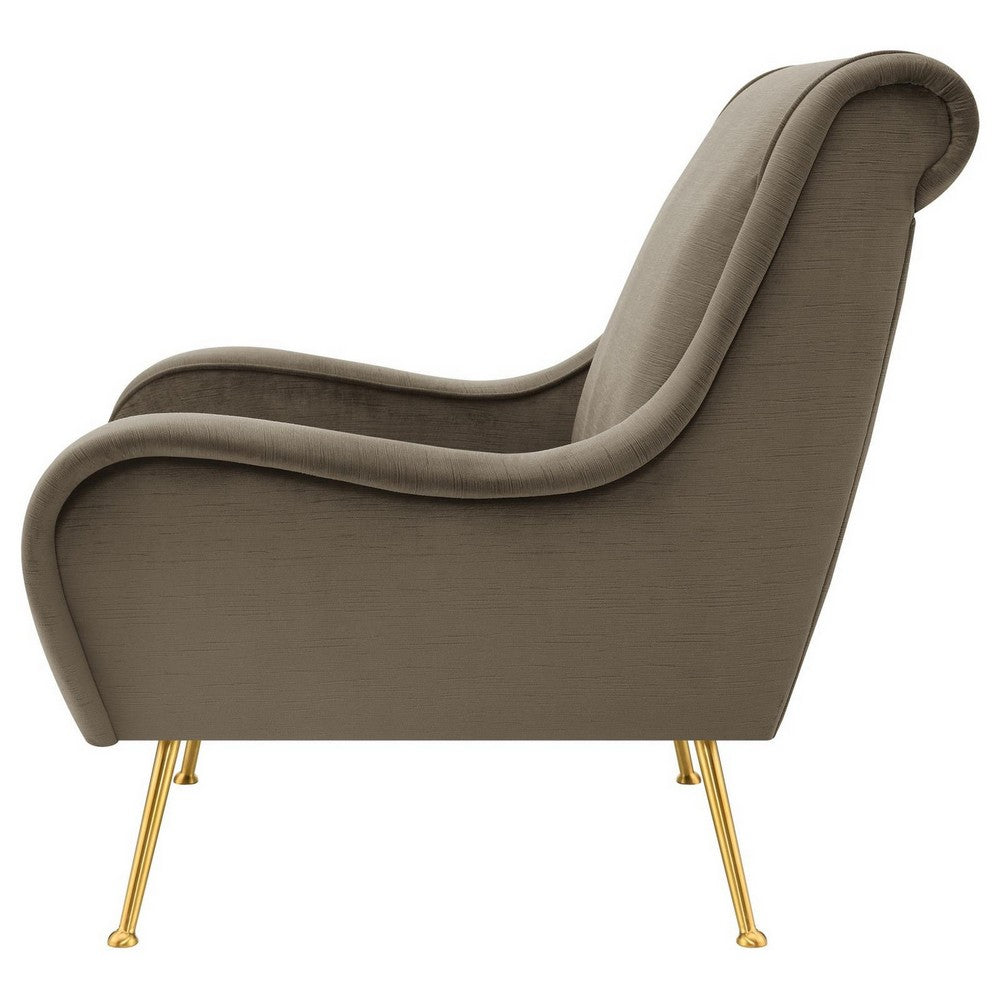 Rik 31 Inch Accent Armchair, Metal Legs, Velvet, Truffle Brown and Gold By Casagear Home