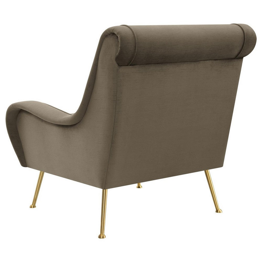 Rik 31 Inch Accent Armchair, Metal Legs, Velvet, Truffle Brown and Gold By Casagear Home