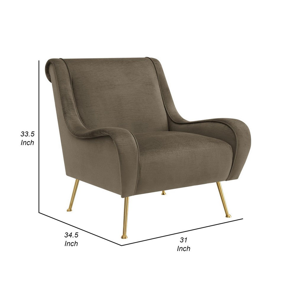 Rik 31 Inch Accent Armchair, Metal Legs, Velvet, Truffle Brown and Gold By Casagear Home