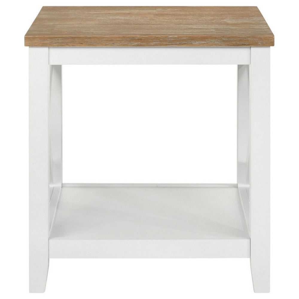 Maise 24 Inch Side End Table, Wire Brushed Wood Top, Brown and White By Casagear Home