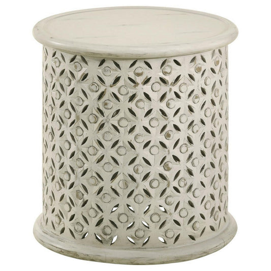 Kyra 18 Inch Round Side Table, Ornate Lattice Carving, Mango Wood, Ivory  By Casagear Home