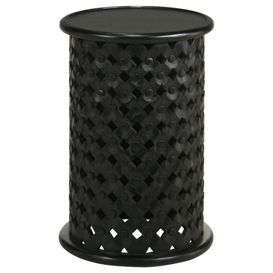 Kyra 24 Inch Round Side Table, Ornate Lattice Carving, Mango Wood, Black By Casagear Home