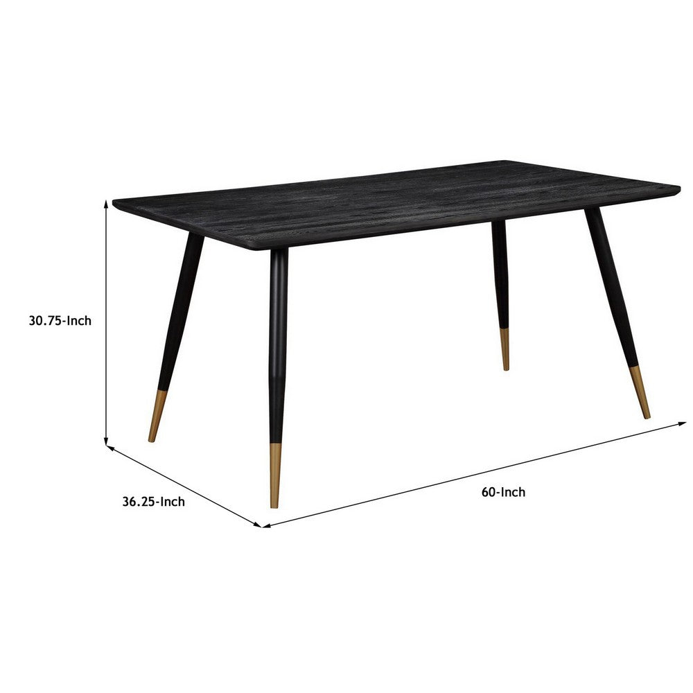 60 Inch Dining Table, MDF Tabletop, Rounded Metal Legs, Brass Accents  By Casagear Home
