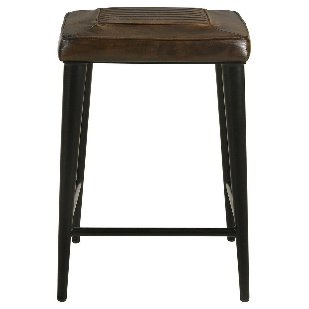 Elsa 24 Inch Counter Stool Set of 2, Brown Genuine Leather, Tufted Seat By Casagear Home