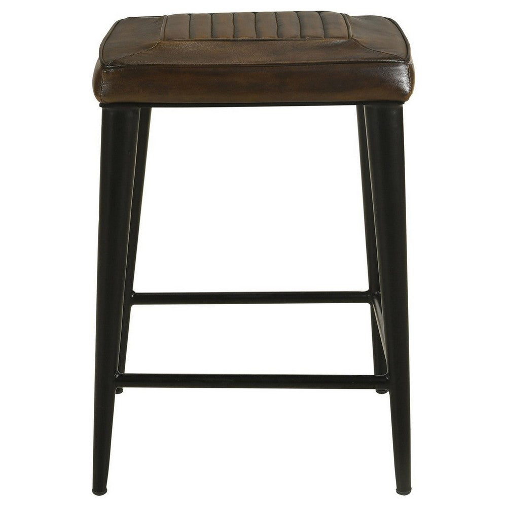 Elsa 24 Inch Counter Stool Set of 2, Brown Genuine Leather, Tufted Seat By Casagear Home