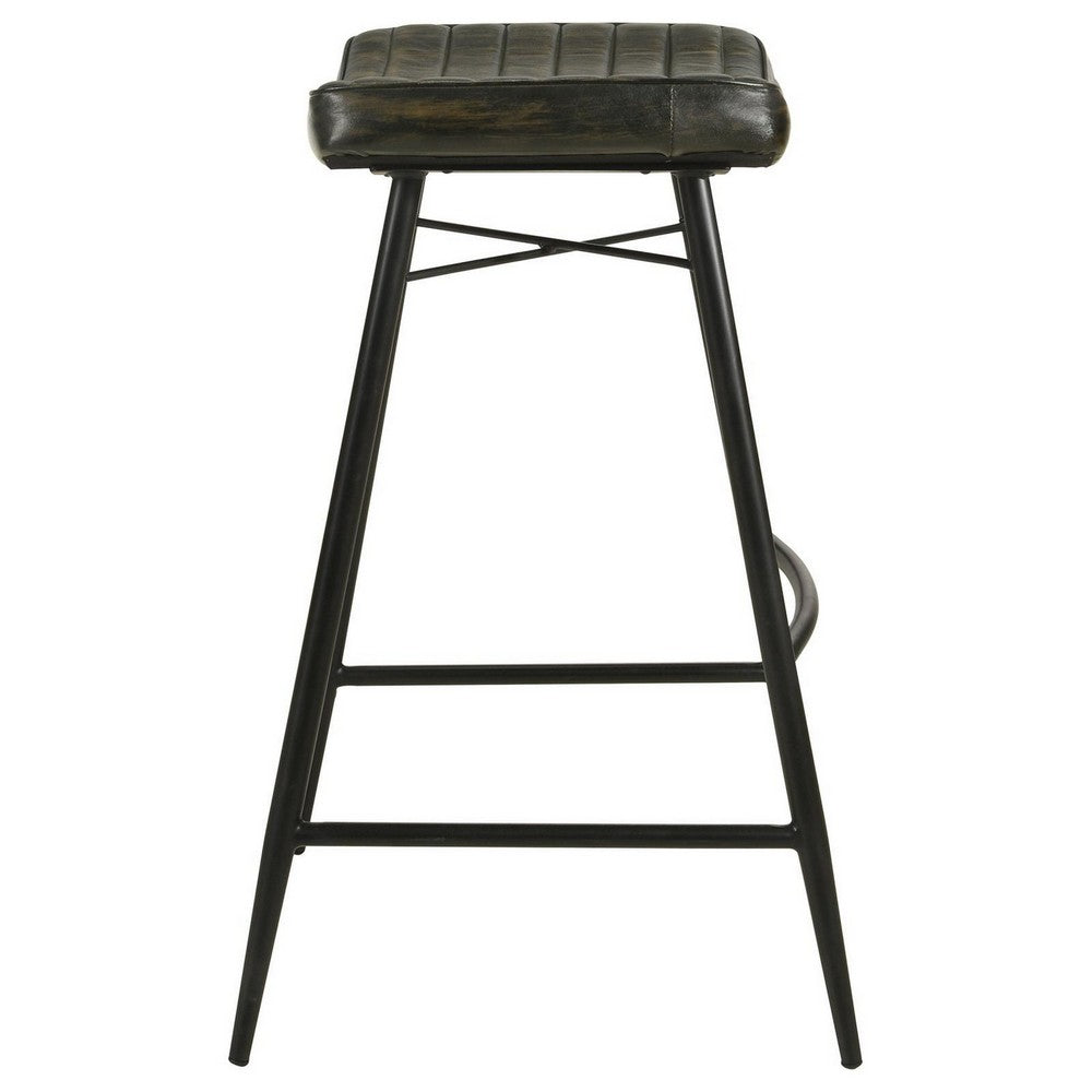 Vini 30 Inch Bar Stool Set of 2, Curved Leather Seat, Channel Tufted, Black By Casagear Home
