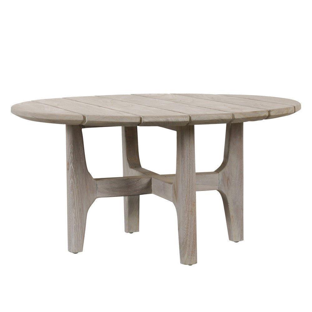 Ham 32 Inch Outdoor Round Coffee Table, Plank Tabletop, Gray Distressed By Casagear Home