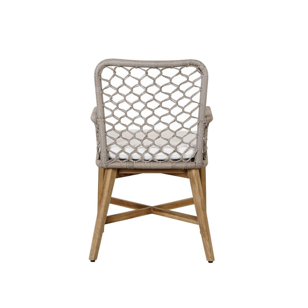 Aok 23 Inch Teak Outdoor Dining Chair, Gray Woven Rope, Curved Back, Brown By Casagear Home