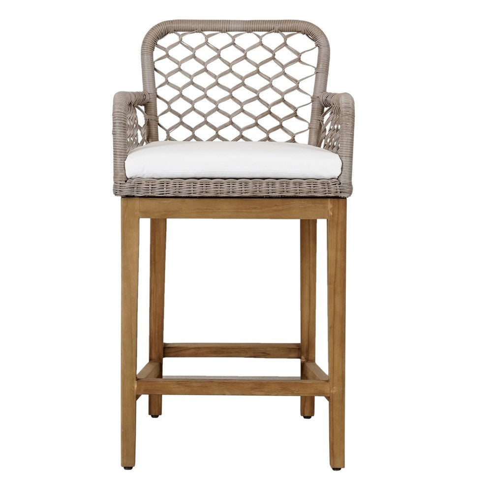 Aok 27 Inch Outdoor Counter Stool Chair Gray Woven Rope Curved Brown Teak By Casagear Home BM309282