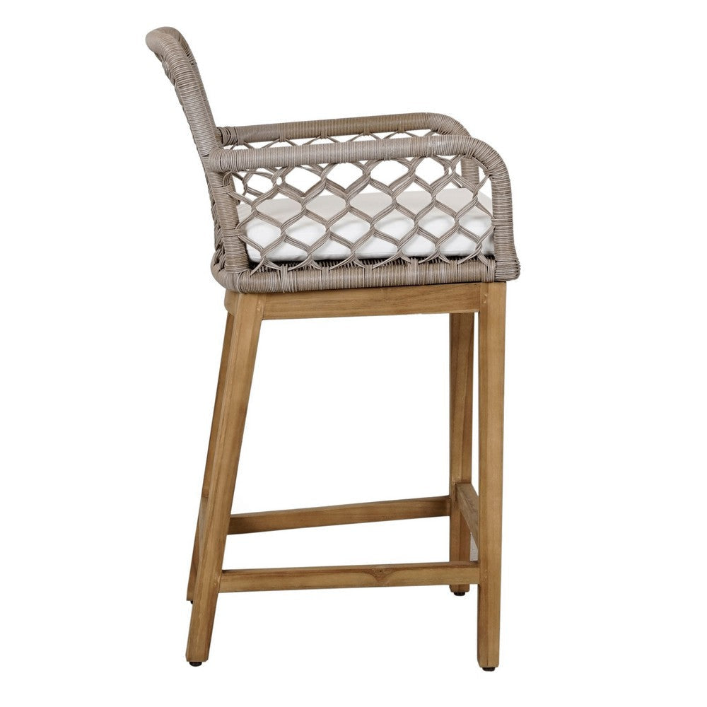 Aok 27 Inch Outdoor Counter Stool Chair, Gray Woven Rope, Curved, Brown Teak By Casagear Home