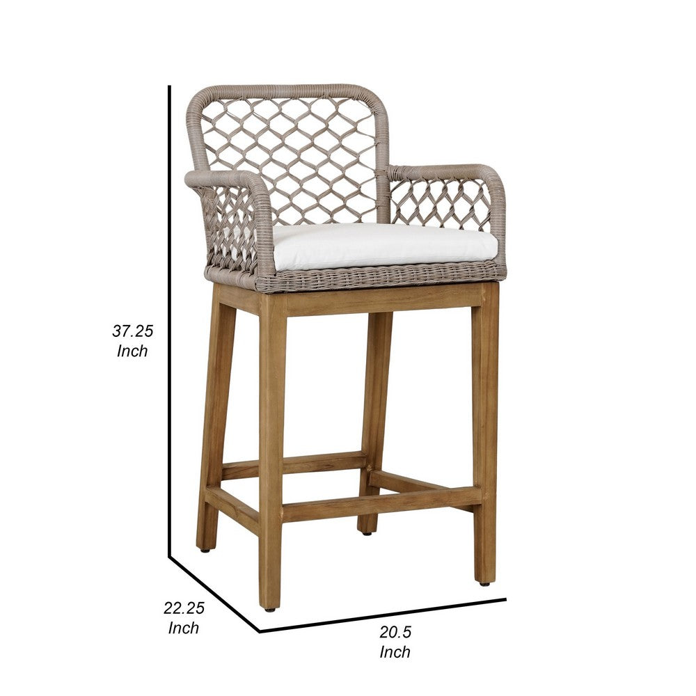 Aok 27 Inch Outdoor Counter Stool Chair, Gray Woven Rope, Curved, Brown Teak By Casagear Home