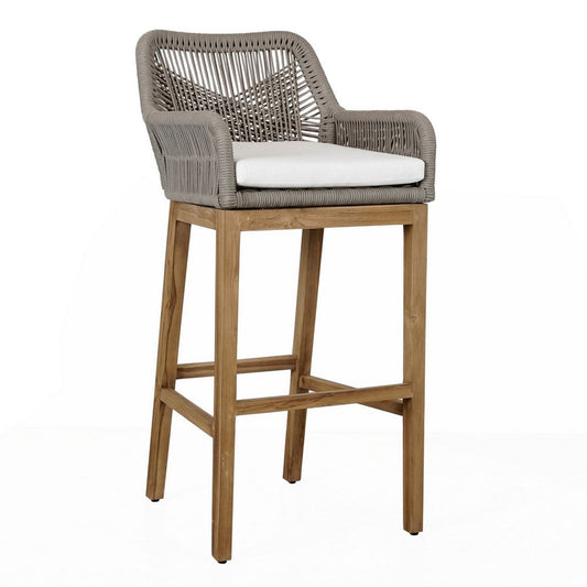 Navi 33 Inch Outdoor Barstool Chair, Woven Rope Crossed, Gray, Brown Teak By Casagear Home
