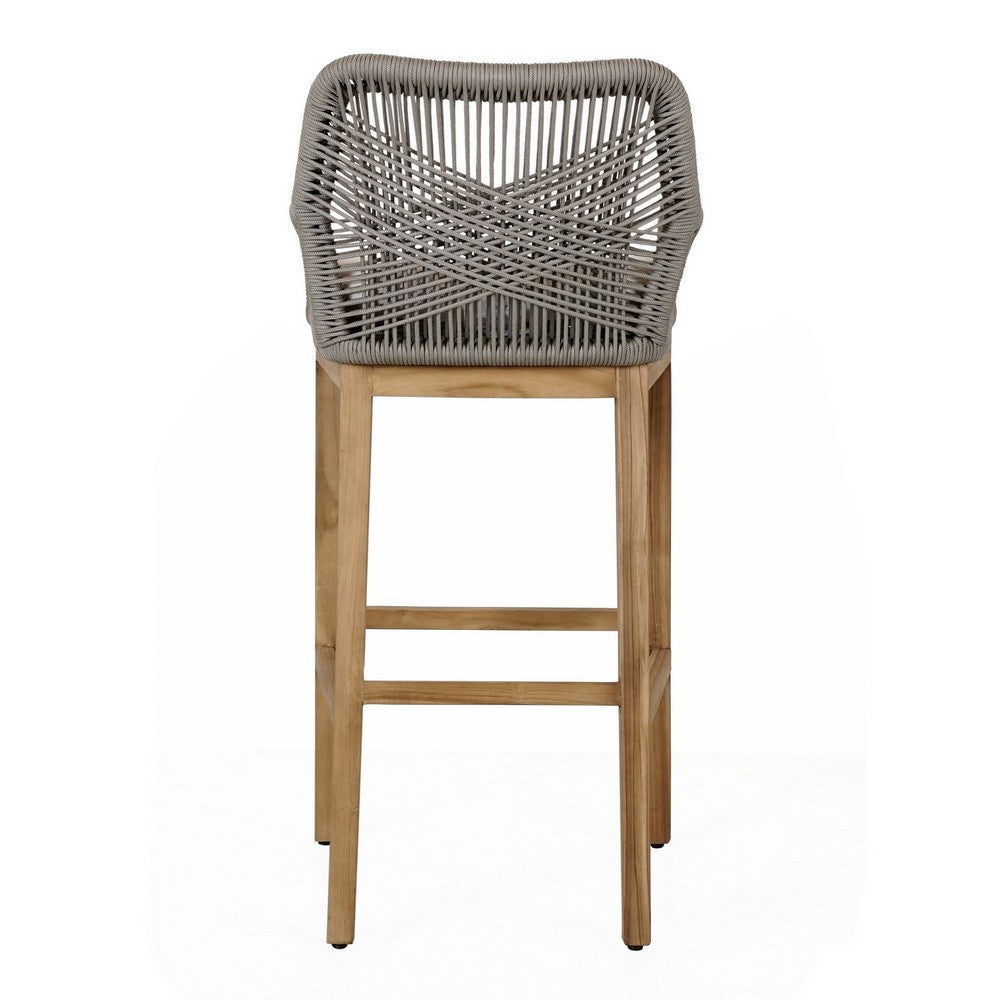 Navi 33 Inch Outdoor Barstool Chair, Woven Rope Crossed, Gray, Brown Teak By Casagear Home
