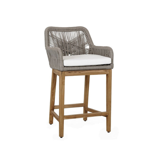 Navi 27 Inch Outdoor Counter Stool Chair, Woven Rope, Gray, Brown Teak By Casagear Home