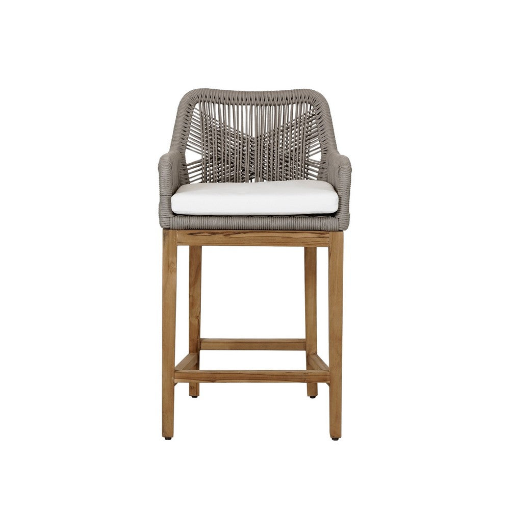 Navi 27 Inch Outdoor Counter Stool Chair, Woven Rope, Gray, Brown Teak By Casagear Home