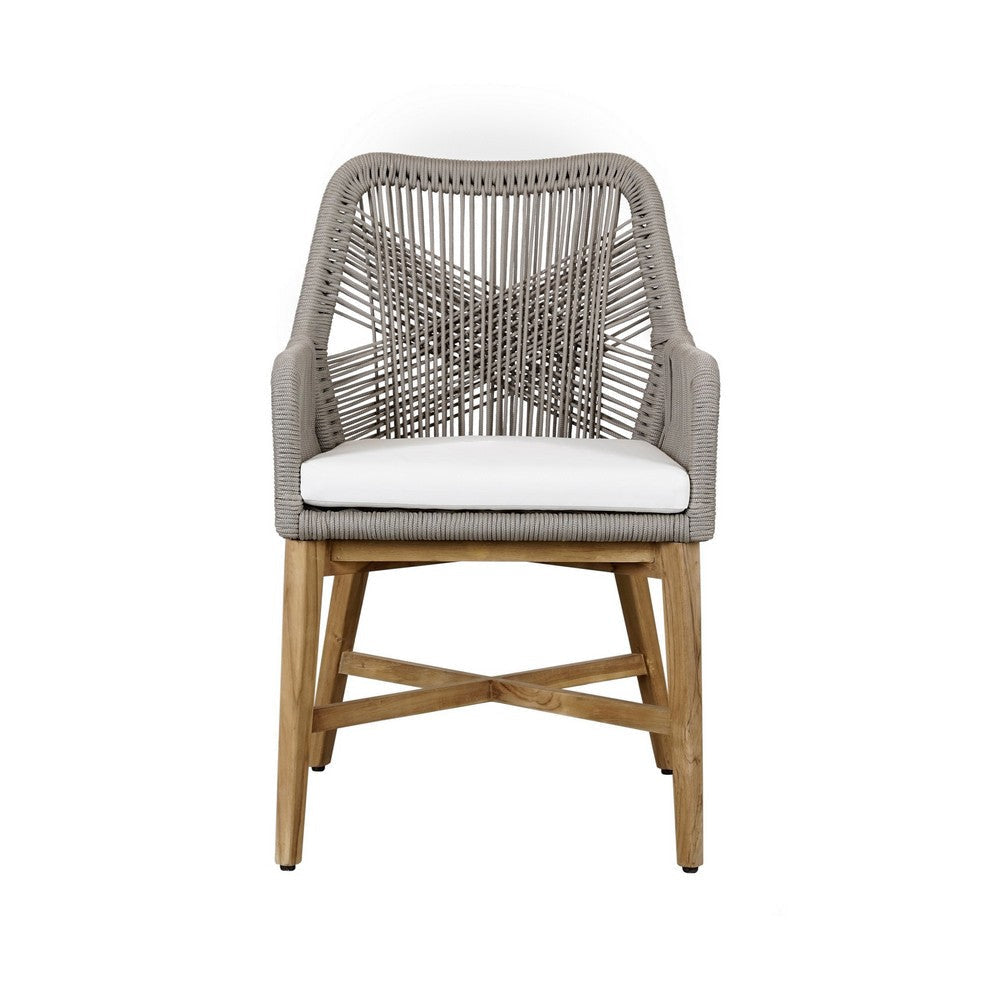 Navi 25 Inch Outdoor Dining Chair, Woven Rope, Ash Gray, Brown Teak Wood By Casagear Home