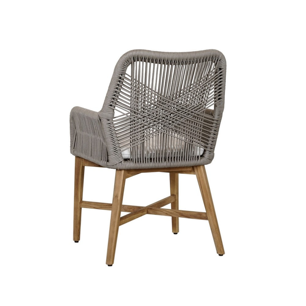 Navi 25 Inch Outdoor Dining Chair, Woven Rope, Ash Gray, Brown Teak Wood By Casagear Home