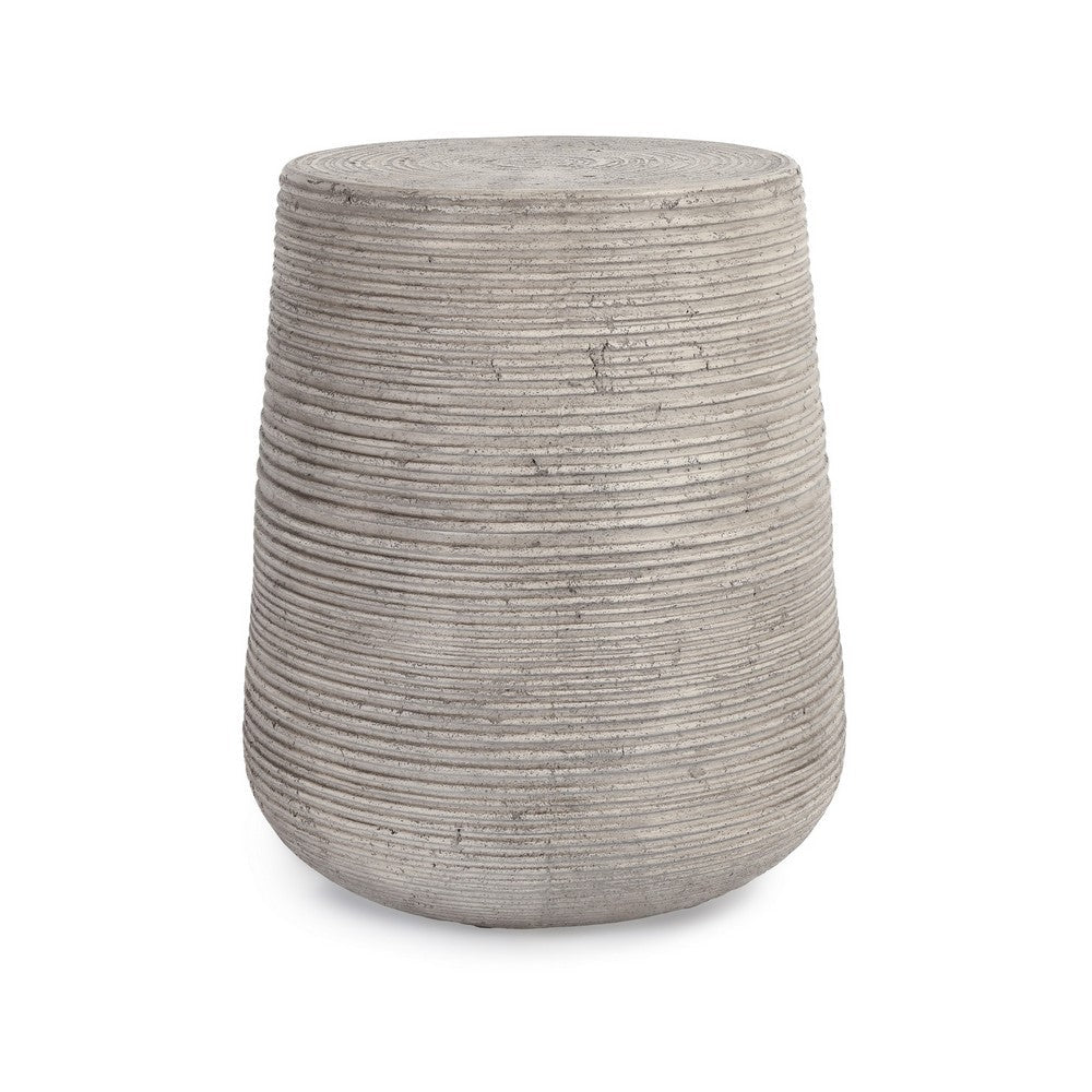 Bilo 23 Inch Round Concrete Outdoor Side Table, Hollow Drum Shape, Gray By Casagear Home