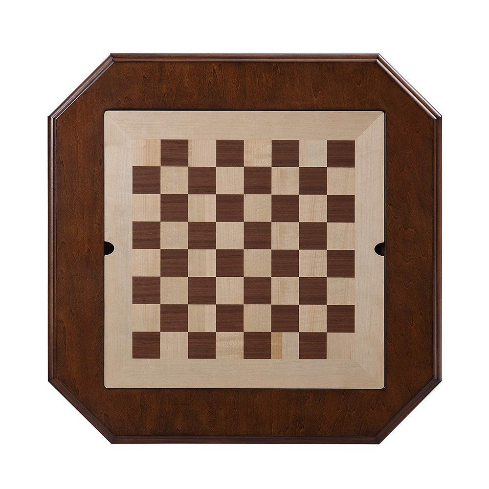 30 Inch Game Table, Chess 3 in 1 Reversible Top, Cherry Brown Pedestal Base By Casagear Home