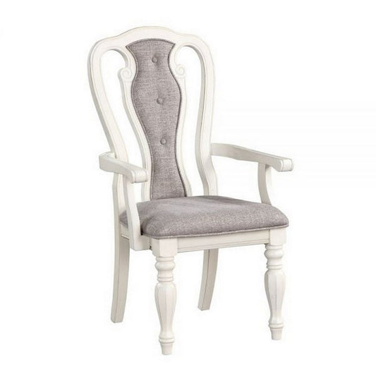 Fil 23 Inch Dining Armchair Set of 2, Gray Fabric, Tufted Queen Anne Back By Casagear Home