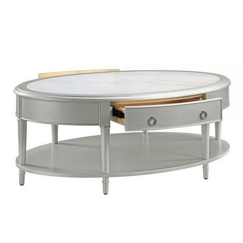 Kyna 50 Inch Coffee Table, Sintered Top, 1 Drawer, Classic Oval, Silver By Casagear Home