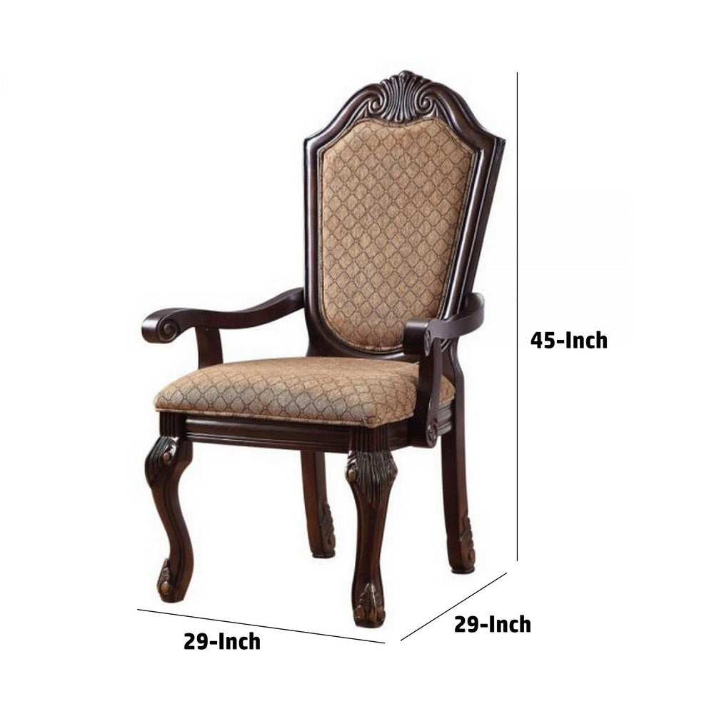 Loki 29 Inch Dining Armchair Set of 2, Beige Fabric, Crown Top Back, Brown  By Casagear Home