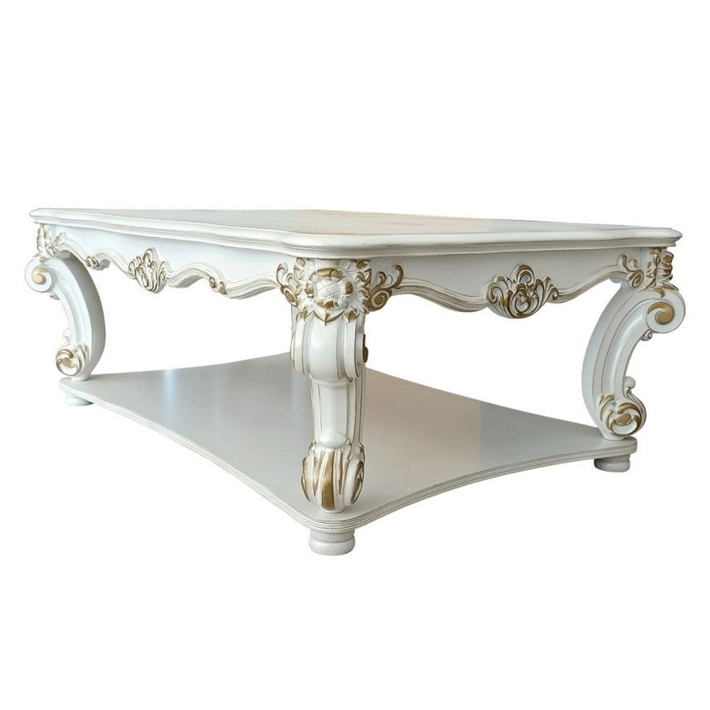 Jess 58 Inch Coffee Table, Traditional Scrolled Legs, White, Brushed Gold  By Casagear Home