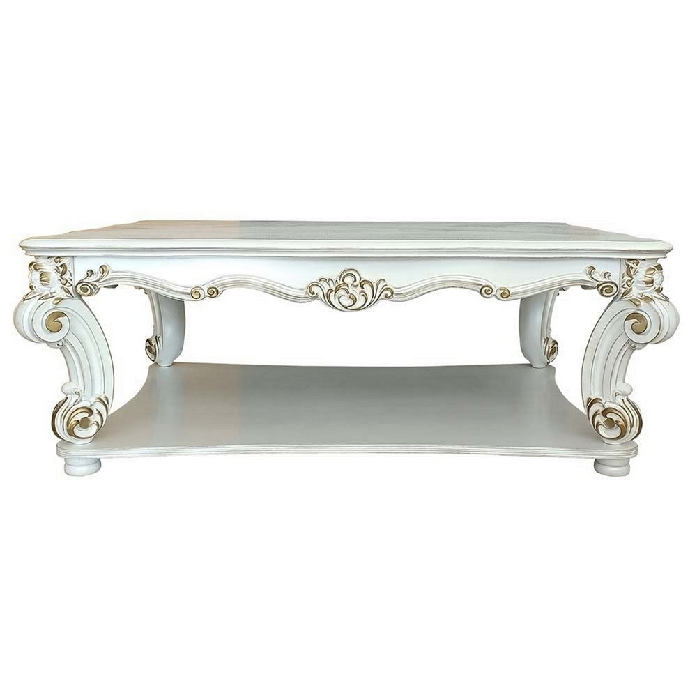 Jess 58 Inch Coffee Table, Traditional Scrolled Legs, White, Brushed Gold  By Casagear Home