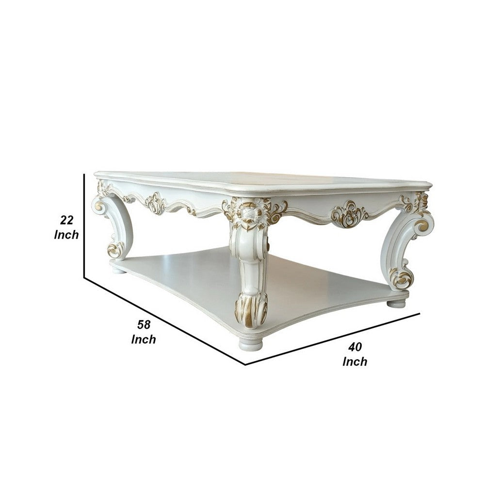 Jess 58 Inch Coffee Table, Traditional Scrolled Legs, White, Brushed Gold  By Casagear Home